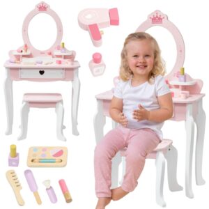 VIGA Suur valge ja roosa puidust tualettlaud peegli ja tooliga